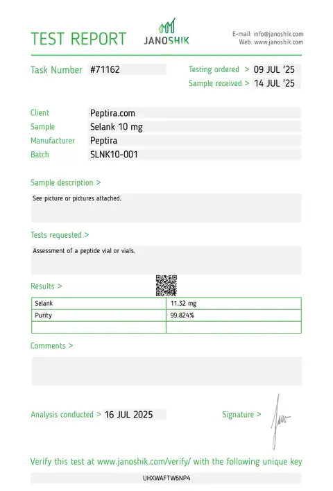 Page 1 of the certificate of analysis for Selank Vial 10 mg lot SLNK10-001 (Janoshik)