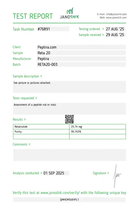Page 1 of the certificate of analysis for RETA-3 Vial 20 mg lot RETA20-003 (Janoshik)