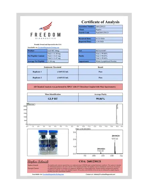 Page 1 of the certificate of analysis for RETA-3 Vial 10 mg lot RETA10-007 (Freedom Diagnostics)