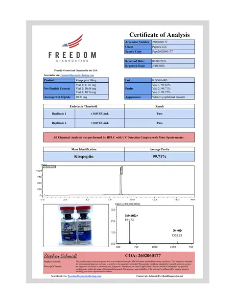 Page 1 of the certificate of analysis for Kisspeptin Vial 10 mg lot KISS10-003 (Freedom Diagnostics)