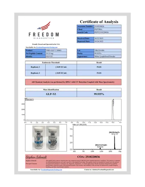 Page 1 of the certificate of analysis for TIRZ-2 Vial 20 mg lot TIRZ20-004 (Freedom Diagnostics)