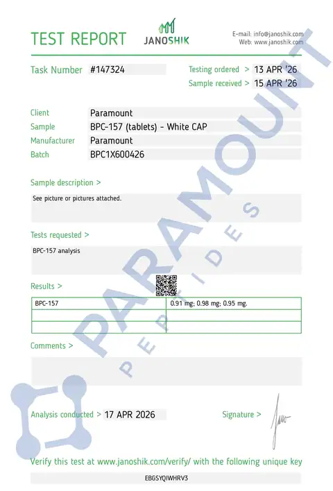 Page 1 of the certificate of analysis for BPC-157 (1mg) x 60 Tablets lot BPC1X600426 (Janoshik)