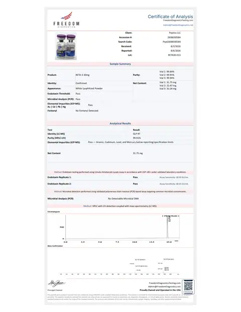 Page 1 of the certificate of analysis for RETA-3 Vial 30 mg lot RETA30-013 (Freedom Diagnostics)