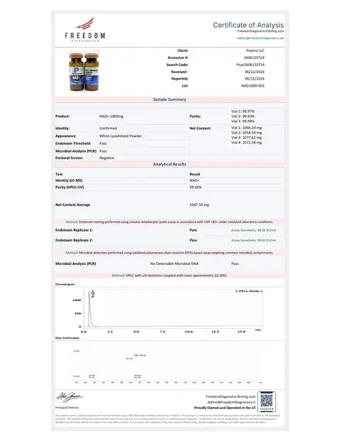 Page 1 of the certificate of analysis for NAD+ Vial 1000 mg lot NAD1000-003 (Freedom Diagnostics)
