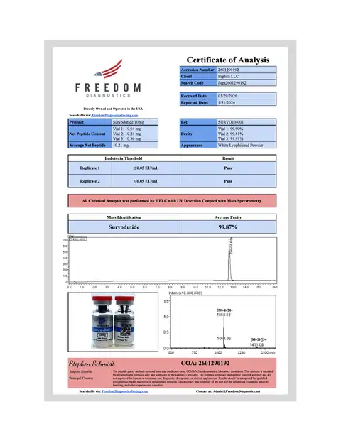 Page 1 of the certificate of analysis for Survo Vial 10 mg lot SURVO10-001 (Freedom Diagnostics)