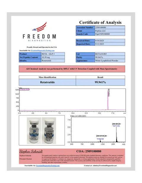 Page 1 of the certificate of analysis for RETA-3 Vial 10 mg lot RETA10-003 (Freedom Diagnostics)