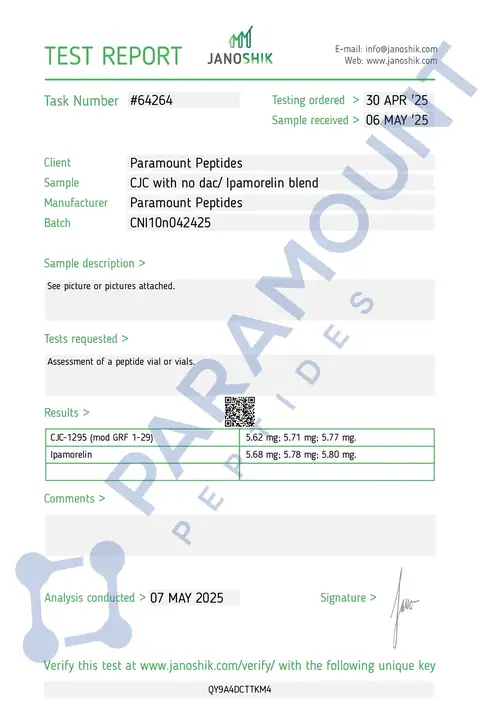 Page 1 of the certificate of analysis for 2X Blend CJC-1295 No DAC (5mg) / Ipamorelin (5mg) lot CNI10n042425 (Janoshik)