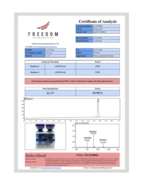 Page 1 of the certificate of analysis for LL-37 Vial 5 mg lot LL37-5-001 (Freedom Diagnostics)