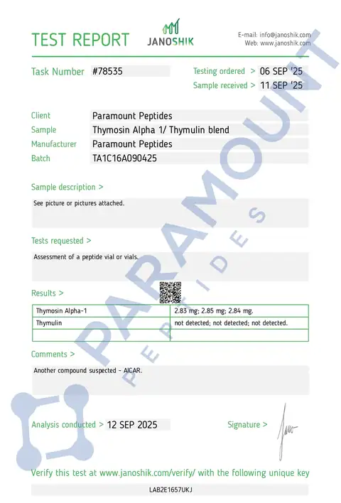 Page 1 of the certificate of analysis for Thymosin Alpha 1 (TA1) (10mg) lot TA1C16A090425 (Janoshik)