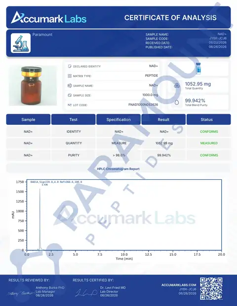 Page 1 of the certificate of analysis for NAD+ (1000mg) lot FNAD1000N052626 (Accumark Labs)