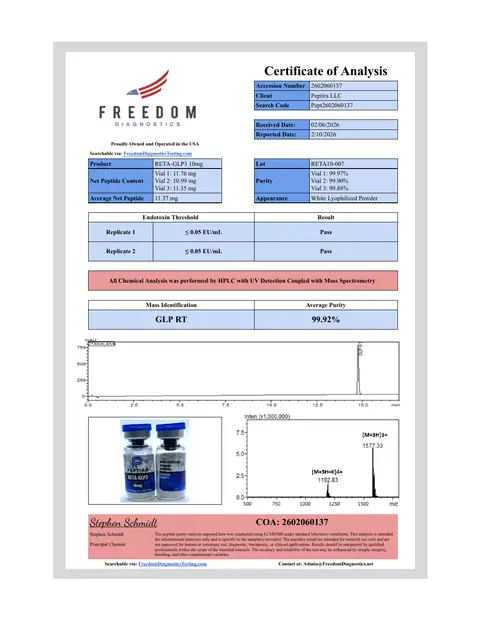 Page 1 of the certificate of analysis for RETA-3 Vial 10 mg lot RETA10-007 (Freedom Diagnostics)