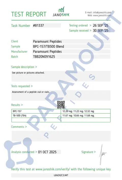 Page 1 of the certificate of analysis for Wolverine Blend - BPC-157 (10mg) / TB500 (10mg) lot TBB20N091625 (Janoshik)