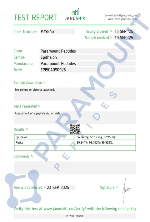Page 1 of the certificate of analysis for Epithalon (50mg) lot EPI50A090925 (Janoshik)