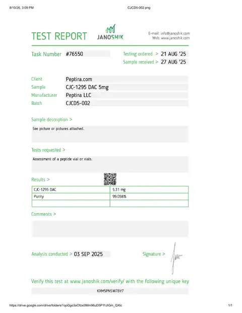 Page 1 of the certificate of analysis for CJC-1295 DAC Vial 5 mg lot CJCD5-002 (Janoshik)