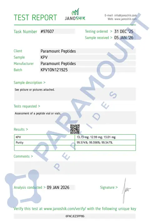 Page 1 of the certificate of analysis for KPV (10mg) lot KPV10N121925 (Janoshik)