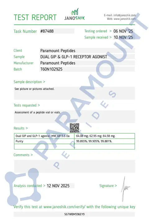 Page 1 of the certificate of analysis for GLP-2 T - 60mg lot T60N102925 (Janoshik)