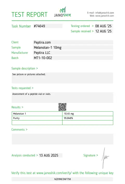 Page 1 of the certificate of analysis for Melanotan-1 Vial 10 mg lot MT1-10-002 (Janoshik)