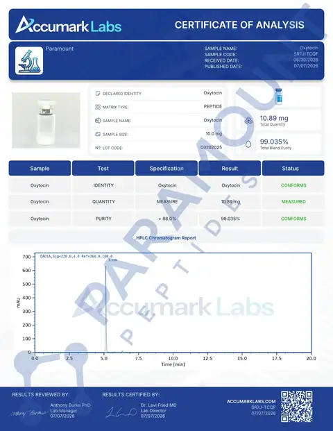 Page 1 of the certificate of analysis for Oxytocin (10mg) lot OX102025 (Accumark Labs)