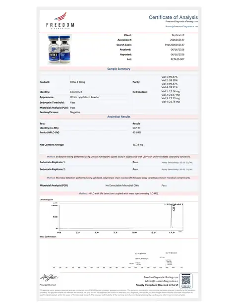 Page 1 of the certificate of analysis for RETA-3 Vial 20 mg lot RETA20-007 (Freedom Diagnostics)