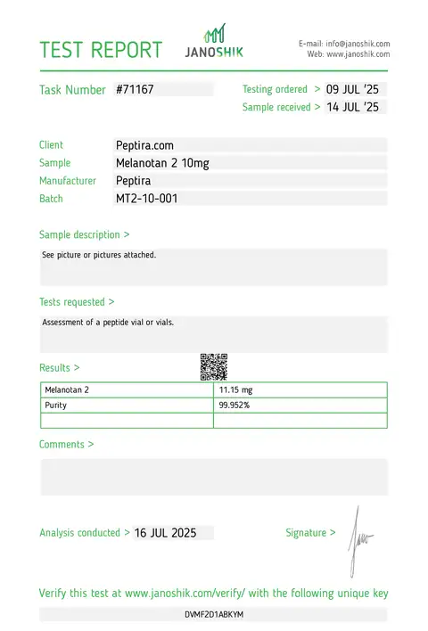 Page 1 of the certificate of analysis for Melanotan-2 Vial 10 mg lot MT2-10-001 (Janoshik)