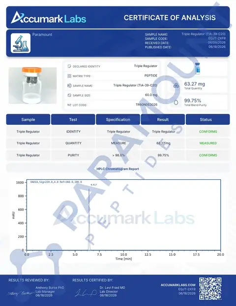 Page 1 of the certificate of analysis for GLP-3 R - 60mg lot TR60N053026 (Accumark Labs)