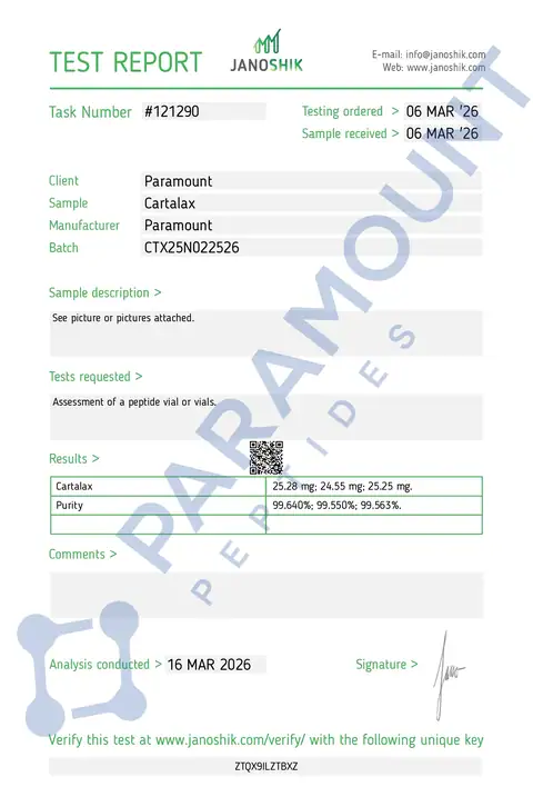 Page 1 of the certificate of analysis for Cartalax (25mg) lot CTX25N022526 (Janoshik)