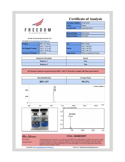 Page 1 of the certificate of analysis for BPC-157 Vial 10 mg lot BPC10-009 (Freedom Diagnostics)
