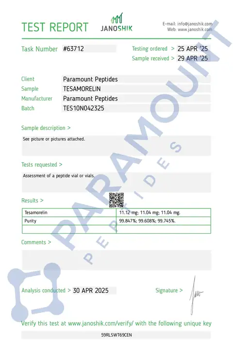 Page 1 of the certificate of analysis for Tesamorelin (10mg) lot TES10N042325 (Janoshik)