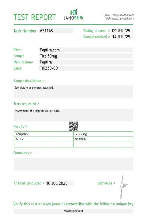 Page 1 of the certificate of analysis for TIRZ-2 Vial 30 mg lot TIRZ30-001 (Janoshik)