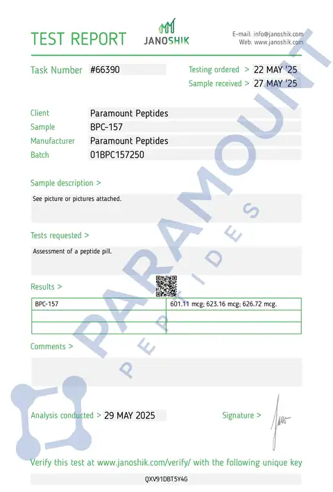 Page 1 of the certificate of analysis for BPC-157 (500mcg) x 30 Tablets lot 01BPC157250 (Janoshik)