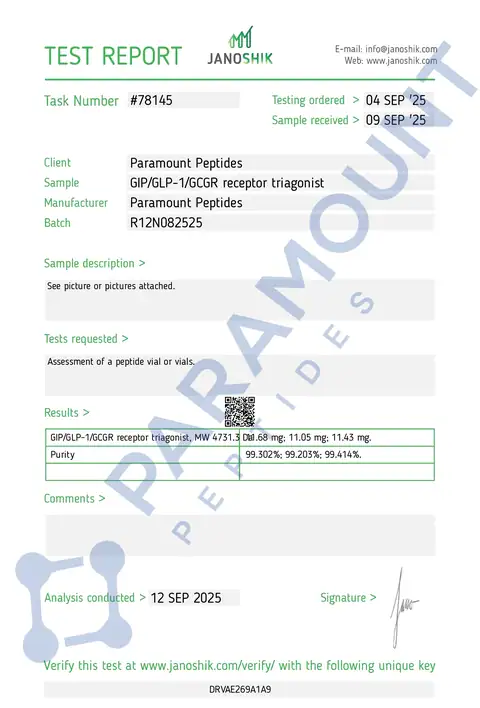 Page 1 of the certificate of analysis for GLP-3 R - 10mg lot R12N082525 (Janoshik)