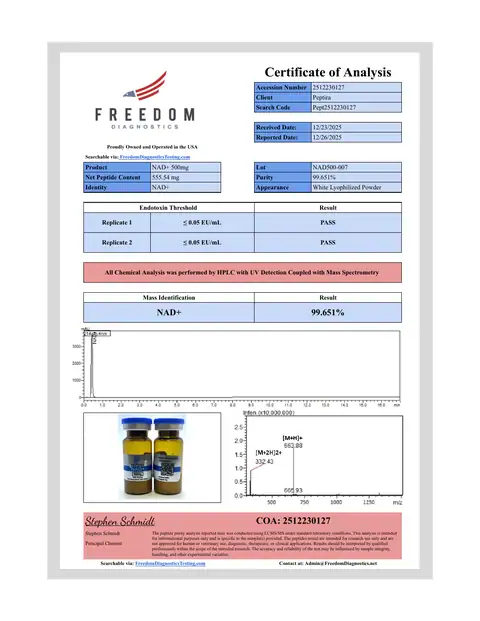 Page 1 of the certificate of analysis for NAD+ Vial 500 mg lot NAD500-007 (Freedom Diagnostics)