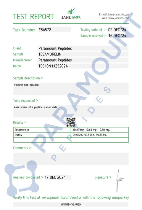 Page 1 of the certificate of analysis for Tesamorelin (10mg) lot TES10N11252024 (Janoshik)