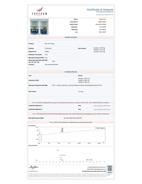 Page 1 of the certificate of analysis for BPC-157 Tablets 0.5 mg 60ct lot BPC.5-001T (Freedom Diagnostics)