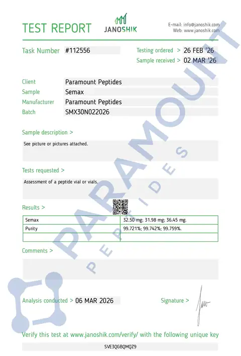 Page 1 of the certificate of analysis for Semax (30mg) lot SMX30N022026 (Janoshik)