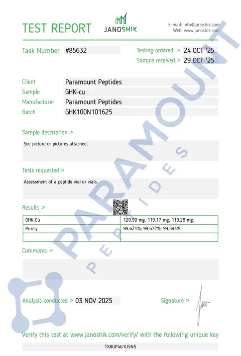 Page 1 of the certificate of analysis for GHK-Cu (100mg) lot GHK100N101625 (Janoshik)