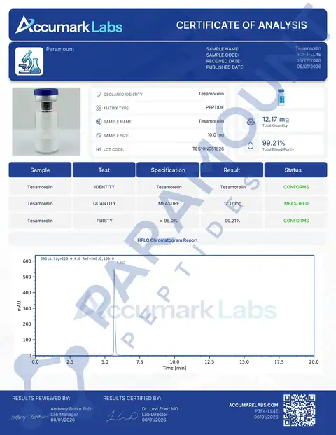 Page 1 of the certificate of analysis for Tesamorelin (10mg) lot TES10N051626 (Accumark Labs)