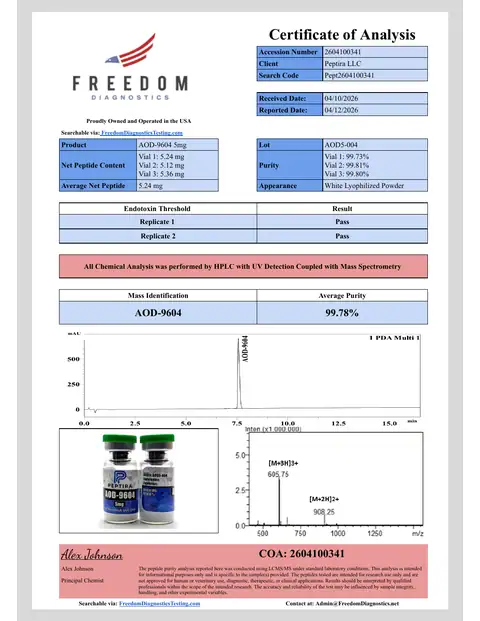 Page 1 of the certificate of analysis for AOD-9604 Vial 5 mg lot AOD5-004 (Freedom Diagnostics)