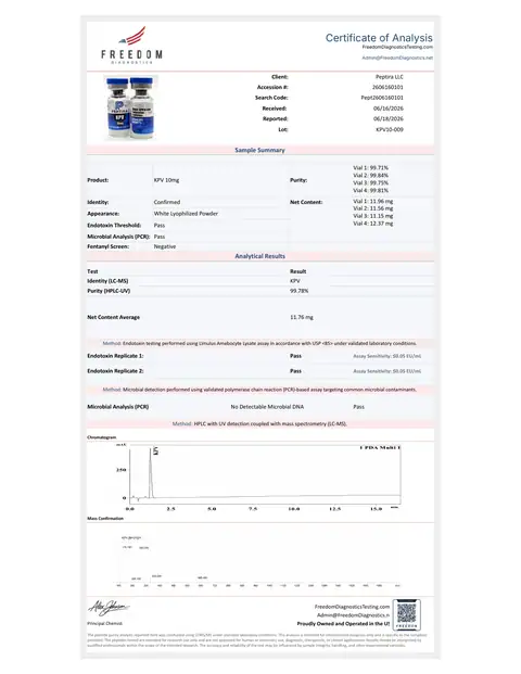 Page 1 of the certificate of analysis for KPV Vial 10 mg lot KPV10-009 (Freedom Diagnostics)