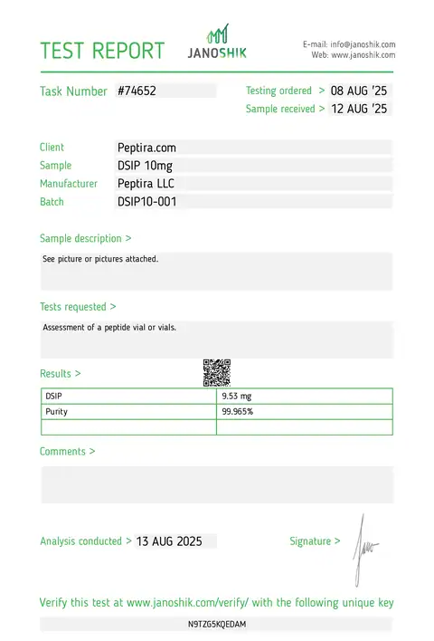 Page 1 of the certificate of analysis for DSIP Vial 10 mg lot DSIP10-001 (Janoshik)
