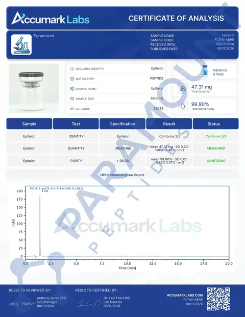 Page 1 of the certificate of analysis for Epithalon (50mg) lot 22623 (Accumark Labs)