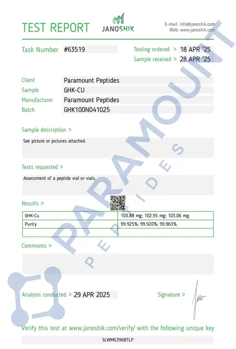Page 1 of the certificate of analysis for GHK-Cu (100mg) lot GHK100N041025 (Janoshik)