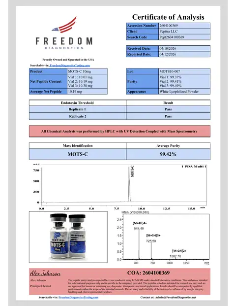 Page 1 of the certificate of analysis for MOTS-C Vial 10 mg lot MOTS10-007 (Freedom Diagnostics)