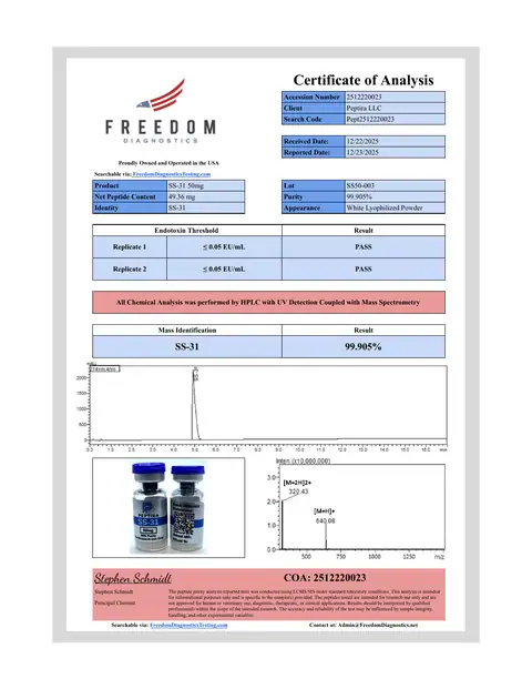 Page 1 of the certificate of analysis for SS-31 Vial 50 mg lot SS50-003 (Freedom Diagnostics)