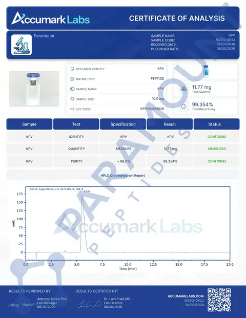 Page 1 of the certificate of analysis for KPV (10mg) lot KPV10N061026 (Accumark Labs)