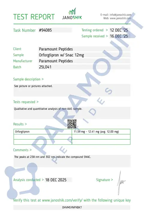 Page 1 of the certificate of analysis for Orforglipron (12mg) x 60 Tablets lot 25L041 (Janoshik)