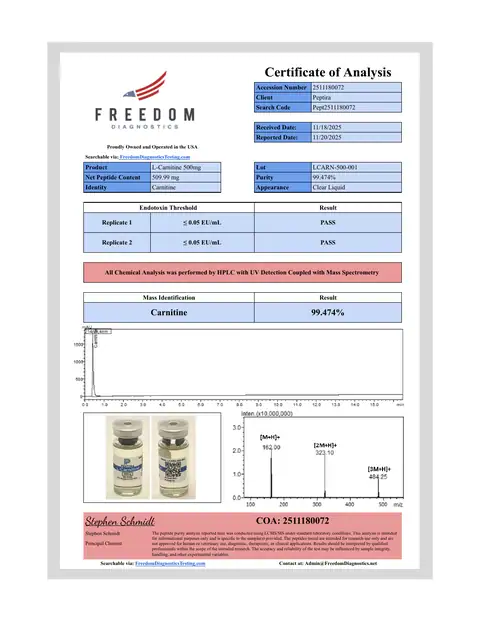Page 1 of the certificate of analysis for L-CARNITINE Liquid 20 ml lot LCARN-500-001 (Freedom Diagnostics)