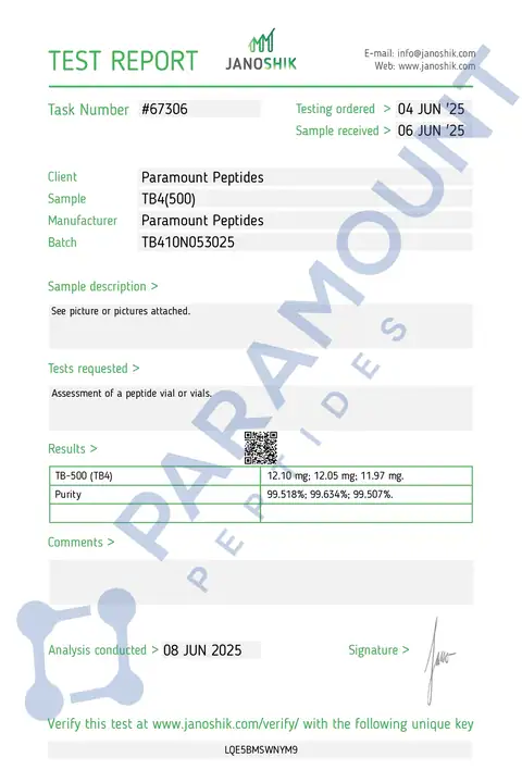 Page 1 of the certificate of analysis for Thymosin Beta 4 (TB500) (10mg) lot TB410N053025 (Janoshik)