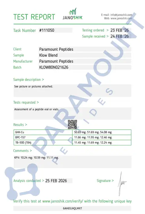 Page 1 of the certificate of analysis for KLOW - GHK-Cu (50mg) / KPV (10mg) / BPC-157 (10mg) / TB500 (10mg) lot KLOW80N021626 (Janoshik)