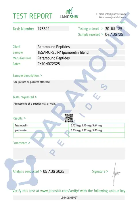 Page 1 of the certificate of analysis for 2X Blend Tesamorelin (5mg) / Ipamorelin (5mg) Research Bundle lot 2X10N072325 (Janoshik)